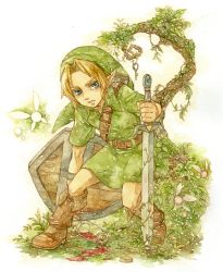Rule 34 | 1boy, ano (anomiya), bad id, bad pixiv id, blonde hair, blue eyes, bottle, fairy, hat, holding sword, link, nature, navi, nintendo, pointy ears, shield, sword, the legend of zelda, weapon, young link
