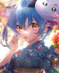 Rule 34 | 1girl, animal ear fluff, animal ears, animal print, blue hair, blue kimono, blurry, blurry foreground, cat ears, closed mouth, fish print, floating hair, flower, hair between eyes, highres, japanese clothes, kimono, long hair, looking at viewer, minccino7, precure, print kimono, prunce (precure), red flower, solo, star twinkle precure, tongue, tongue out, upper body, yellow eyes, yukata, yuni (precure)
