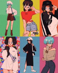 Rule 34 | 6+girls, :d, ;), alternate costume, ankle boots, arm at side, arm under breasts, bag, bare legs, bare shoulders, baseball cap, beanie, black dress, black eyes, black hair, black headwear, blue bag, blue eyes, blue hair, blunt bangs, blush, boots, bra (dragon ball), bracelet, brown footwear, brown skirt, bulma, buttons, candy, casual, character name, choker, clothes writing, commentary, contemporary, cowboy shot, denim, denim shorts, dragon ball, dragon ball (classic), dragon ball gt, dragonball z, dress, earrings, english commentary, english text, expressionless, eyelashes, fanny pack, fashion, fingernails, food, full body, green background, green ribbon, grey shirt, gummy bear, gun, hair between eyes, half-closed eyes, hand in own hair, hand on own hip, hand on own chin, hand on thigh, handgun, happy, hat, heart, heart background, highres, hime cut, jeans, jewelry, kararai raika, krri raika, lace, legs apart, light smile, long dress, long hair, long sleeves, looking at viewer, looking away, mai (dragon ball), midriff, milk carton, multiple girls, nail polish, navel, off shoulder, one eye closed, open mouth, orange nails, oversized clothes, pan (dragon ball), pants, parted lips, pink ribbon, pistol, polka dot, polka dot background, pom pom (clothes), pom pom earrings, red background, red shirt, ribbon, shadow, shiny footwear, shirt, short hair, shorts, signature, simple background, skirt, smile, standing, straight hair, striped, striped background, sweater, sweets, thigh strap, thighhighs, turtleneck, turtleneck sweater, twintails, v-shaped eyebrows, very short hair, videl, weapon, white footwear, white headwear, white sweater, yellow background