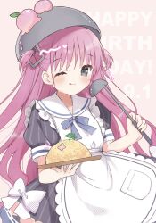 Rule 34 | 1girl, ;3, ;q, alternate costume, apron, black dress, blue ribbon, blush, bow, closed mouth, commentary request, cowboy shot, dress, dress bow, enmaided, floating hair, food, fried rice, frilled apron, frills, fruit, grey eyes, hands up, happy, happy birthday, highres, holding, holding food, holding ladle, katou umi, ladle, long hair, looking at viewer, maid, maid apron, notice lines, one eye closed, peach, peach hat ornament, pink background, pink hair, pot on head, puffy short sleeves, puffy sleeves, ribbon, sailor collar, sakura aki, short sleeves, simple background, smile, solo, sparkle, striped clothes, striped dress, summer pockets, tongue, tongue out, two side up, vertical-striped clothes, vertical-striped dress, very long hair, white apron, white bow, white sailor collar