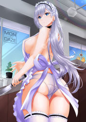 Rule 34 | 1girl, absurdres, apron, ass, azur lane, belfast (azur lane), blue eyes, blush, braid, breasts, collar, from behind, glint, highres, holding, holding knife, indoors, kitchen, knife, large breasts, long hair, looking at viewer, looking back, maid headdress, manjuu (azur lane), mondaze, naked apron, no bra, panties, sideboob, silver hair, smile, solo, thighhighs, underwear, white panties, white thighhighs