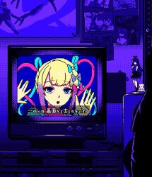 Rule 34 | 1girl, 1other, blonde hair, blue bow, blue eyes, blue hair, bow, cable, chouzetsusaikawa tenshi-chan, commentary, dark, dithering, eencya, figure, hair bow, long hair, looking at viewer, monitor, multicolored hair, multiple hair bows, needy girl overdose, open mouth, photo (object), pink bow, pink hair, pixel art, poster (object), purple bow, quad tails, rainbow girl (song), screen light, solo focus, symbol-only commentary, tearing up, translated