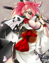 Rule 34 | 1girl, amputee, baiken, breasts, cherry blossoms, cleavage, facial tattoo, guilty gear, guilty gear xrd, jacket, jacket on shoulders, japanese clothes, katana, kimono, large breasts, long hair, obi, one-eyed, open clothes, open kimono, orange eyes, over shoulder, petals, pink hair, ponytail, sash, scabbard, scar, scar across eye, scar on face, sheath, sheathed, solo, straw (stalk), sword, sword over shoulder, tattoo, weapon, weapon over shoulder, yappy