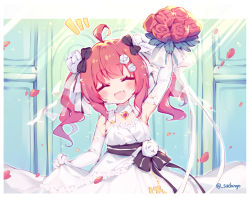 Rule 34 | 1girl, :d, ^ ^, ahoge, arm up, azur lane, bare shoulders, black bow, blush, bouquet, bow, closed eyes, commentary request, dress, elbow gloves, closed eyes, facing viewer, fang, flower, gloves, hair bow, hair flower, hair ornament, holding, holding bouquet, leaning to the side, notice lines, open mouth, petals, red flower, red hair, red rose, rose, san diego (azur lane), san diego (no. 1 june bride!) (azur lane), sleeveless, sleeveless dress, smile, solo, sudango, twintails, twitter username, wedding dress, white dress, white flower, white gloves