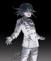 Rule 34 | 1boy, :d, absurdres, black background, buttons, checkered clothes, checkered scarf, danganronpa (series), danganronpa v3: killing harmony, double-breasted, feet out of frame, flipped hair, gradient background, grey background, grey pants, harari, highres, long sleeves, male focus, open mouth, oma kokichi, pants, scarf, short hair, smile, solo, teeth, upper teeth only