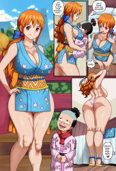 Rule 34 | 1boy, 1girl, age difference, ass, bare legs, bare shoulders, breasts, cleavage, comic, curvy, day, face to breasts, hand on own hip, highres, huge ass, huge breasts, japanese clothes, kimono, kouzuki momonosuke, large breasts, long hair, looking at another, looking at viewer, low ponytail, nami (one piece), nami (one piece) (wano), nude, obi, one piece, orange hair, panties only, pervert, pinkpawg, revealing clothes, sash, shiny skin, smile, tattoo, thong, undressing, wide hips