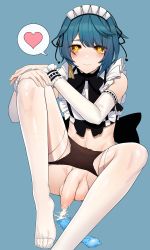 Rule 34 | 1boy, absurdres, artist request, black panties, blue hair, blush, condom, crossdressing, cum, ejaculation, feet, foreskin, genshin impact, heart, heart-shaped pupils, highres, looking at viewer, maid headdress, male focus, panties, penis, phimosis, smile, solo, symbol-shaped pupils, testicles, thighhighs, toes, trap, uncensored, underwear, used condom, xingqiu (genshin impact), yellow eyes