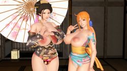 Rule 34 | 2girls, 3d, black hair, breasts, cleavage, highres, huge breasts, japanese clothes, kimono, large breasts, long hair, multiple girls, nami (one piece), nico robin, one piece, orange hair, smile, tattoo, topless