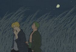 Rule 34 | 2boys, black pants, blonde hair, blue jacket, center opening, cigarette, closed eyes, colored skin, crescent moon, curly eyebrows, errrrrliao ge ai, from side, green hair, green jacket, grey shirt, hand in pocket, haramaki, holding, holding cigarette, jacket, jewelry, male focus, moon, multiple boys, multiple swords, night, night sky, one piece, pants, roronoa zoro, sanji (one piece), scar, scar across eye, scar on chest, scar on face, shirt, short hair, sky, smile, star (sky), sword, tan, upper body, weapon, wheat field, white skin