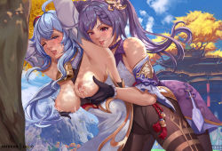 Rule 34 | 2girls, architecture, arms up, black gloves, black pantyhose, blue hair, grabbing another&#039;s breast, breasts, east asian architecture, exlic, ganyu (genshin impact), genshin impact, gloves, grabbing, grabbing from behind, keqing (genshin impact), lactation, large breasts, looking down, multiple girls, nipples, one eye closed, open mouth, outdoors, pantyhose, patreon username, pink eyes, purple eyes, purple hair, tree, yuri