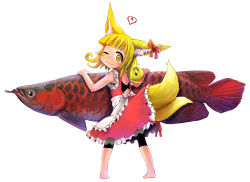 Rule 34 | 1girl, :3, animal, animal ears, apron, arowana, backless dress, backless outfit, barefoot, bike shorts, black leggings, blonde hair, blunt bangs, bow, closed mouth, doitsuken, dress, ear ribbon, fish, fish request, fox child (doitsuken), fox ears, fox tail, from behind, full body, head tilt, heart, leggings, lifted by tail, looking at viewer, looking back, multiple tails, one eye closed, original, oversized animal, pigeon-toed, red bow, red dress, short eyebrows, simple background, smile, solo, standing, tail, thick eyebrows, two tails, waist apron, white apron, white background, yellow eyes