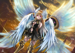 Rule 34 | 1girl, absurdres, armor, armored boots, black dress, black gloves, blonde hair, boots, cleavage cutout, clothing cutout, cloud, cloudy sky, date a live, dress, elbow gloves, feathered wings, gloves, highres, long hair, looking at viewer, mayuri (date a live), navel, navel cutout, purple eyes, sky, smile, solo, tears, transparent wings, uhatsura, wings