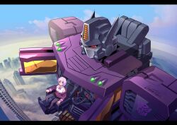 Rule 34 | 1girl, autobot, blush, bow, bowtie, breasts, cockpit, collared shirt, gridman universe, highres, jacket, lantana0 0, large breasts, long sleeves, looking at viewer, mecha, off shoulder, open cockpit, optimus prime (shattered glass), pantyhose, pilot chair, purple jacket, red eyes, robot, school uniform, science fiction, shinjou akane, shirt, short hair, sitting, skirt, smile, ssss.gridman, transformers, transformers shattered glass, white shirt