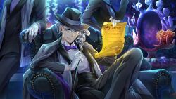 Rule 34 | 3boys, armchair, azul ashengrotto, black headwear, black jacket, black pants, blue eyes, bow, bowtie, chair, coat, coat on shoulders, coral, crossed legs, game cg, glasses, gloves, grey coat, hat, head out of frame, highres, jacket, looking at viewer, male focus, medium hair, multiple boys, official art, open clothes, open coat, pants, parchment, purple bow, purple bowtie, shirt, sitting, twisted wonderland, white gloves, white hair, white shirt