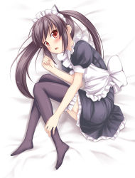 Rule 34 | 00s, 1girl, alternate costume, animal ears, black hair, blush, cat ears, enmaided, feet, female focus, hairband, k-on!, maid, maid headdress, nakano azusa, no shoes, nullken, red eyes, solo, thighhighs, twintails