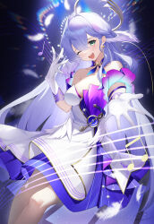 Rule 34 | 1girl, absurdres, aqua eyes, asymmetrical gloves, bare shoulders, bracelet, breasts, candy shunya, cleavage, dress, gloves, hair between eyes, halo, hand up, head wings, highres, honkai: star rail, honkai (series), jewelry, long hair, looking at viewer, musical note, one eye closed, open mouth, purple dress, purple hair, reaching, reaching towards viewer, robin (honkai: star rail), smile, solo, teeth, two-tone dress, uneven gloves, upper teeth only, white dress, white gloves, wings