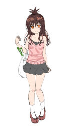 Rule 34 | 1girl, absurdres, arm at side, bag, bare arms, bare shoulders, brown hair, collarbone, commentary request, female focus, food, full body, grey skirt, hair ornament, halterneck, hand up, highres, long hair, looking at viewer, miniskrit, orange eyes, pink footwear, pink top, shoes, simple background, skirt, smile, socks, solo, standing, to love-ru, touchuu kasou, white background, white socks, yuuki mikan