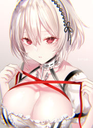 Rule 34 | 1girl, anchor choker, azur lane, blush, breasts, character name, choker, cleavage, collarbone, eyelashes, frilled choker, frills, hair between eyes, hairband, highres, lace-trimmed hairband, lace trim, large breasts, looking at viewer, parted lips, pottsness, puffy short sleeves, puffy sleeves, red eyes, red ribbon, ribbon, short hair, short sleeves, sirius (azur lane), solo, white hair