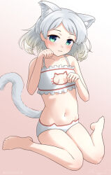 1girl animal_cutout animal_ears barefoot blue_eyes bra breasts cat_cutout cat_ear_panties cat_ears cat_lingerie cat_tail clothing_cutout commentary frilled_bra frills gradient_background kantai_collection meme_attire natsugumo_(kancolle) one-hour_drawing_challenge panties paw_pose pink_background ray.s short_hair sitting small_breasts solo tail underwear wariza white_bra white_hair white_panties