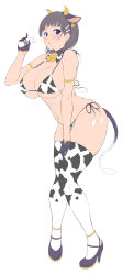 Rule 34 | 1girl, :o, absurdres, animal ears, animal print, bare shoulders, bell, bikini, black gloves, black hair, blue eyes, blunt bangs, blush, bottle, breasts, brown hair, cleavage, collar, collarbone, commentary request, covered erect nipples, cow ears, cow girl, cow horns, cow print, cow print bikini, cow tail, cowbell, curvy, fake animal ears, fake horns, fake tail, from side, full body, gloves, hair ornament, hairclip, hand on own thigh, high heels, highres, horns, huge breasts, kawase seiki, kirigaya suguha, knees together feet apart, large breasts, leaning forward, looking at viewer, milk bottle, navel, neck bell, open mouth, print bikini, print thighhighs, shoes, short hair, side-tie bikini bottom, simple background, skindentation, solo, swimsuit, sword art online, tail, thick thighs, thighhighs, thighs, white background