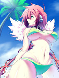 Rule 34 | 1girl, ahoge, arms behind back, bare shoulders, bikini, blue sky, breasts, breasts apart, broken, broken chain, brown hair, chain, closed mouth, cloud, cloudy sky, collar, day, expressionless, from below, gradient hair, green bikini, green eyes, groin, hair between eyes, hair ribbon, headgear, highres, ikamochi kalong, ikaros, large breasts, long hair, looking to the side, low twintails, metal collar, multicolored hair, navel, outdoors, palm tree, pink hair, profile, red ribbon, ribbon, shiny skin, sidelocks, skindentation, sky, sora no otoshimono, standing, sweat, swimsuit, thick thighs, thighs, tree, twintails, underboob, very long hair, wide hips, wings
