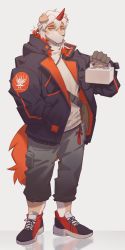 Rule 34 | 1boy, animal ears, arknights, brown fur, casual, dog boy, dog ears, dog tail, full body, furry, furry male, hachi duchi, highres, horns, hung (arknights), jacket, male focus, medium hair, multicolored hair, open clothes, open jacket, orange hair, pants, shoes, single horn, solo, streaked hair, tail, two-tone fur, white background, white fur, white hair, yellow eyes