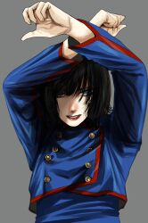 Rule 34 | 1girl, black eyes, black hair, blue jacket, buttons, copyright request, double-breasted, grey background, hands up, highres, hoshi san 3, jacket, lipstick, looking at viewer, makeup, medium hair, mole, mole under mouth, parted lips, red lips, simple background, solo