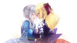 Rule 34 | 2girls, alternate costume, bad id, bad pixiv id, blonde hair, blue kimono, blush, bow, braid, breasts, cait aron, closed eyes, dark-skinned female, dark skin, elf, floral print, forehead-to-forehead, hair between eyes, hair bow, hair ornament, heads together, highres, hololive, japanese clothes, kimono, large breasts, long hair, long sleeves, multiple girls, official alternate costume, open mouth, pointy ears, purple kimono, shiranui flare, shiranui flare (new year), shirogane noel, shirogane noel (new year), short hair, silver hair, simple background, smile, snowflake print, virtual youtuber, white background, yuri