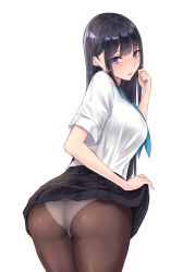 Rule 34 | 1girl, ass, black hair, black skirt, blue neckerchief, blush, breasts, brown pantyhose, clothes lift, cowboy shot, dress shirt, from behind, hand up, lifted by self, long hair, looking at viewer, looking back, neckerchief, nyanko kaitou, original, panties, panties over pantyhose, pantyhose, parted lips, pleated skirt, purple eyes, school uniform, shirt, short sleeves, sidelocks, simple background, skirt, skirt lift, solo, standing, twisted torso, underwear, white panties, white shirt