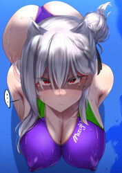 Rule 34 | ..., 1girl, andou you, ass, bare shoulders, blue background, braid, breasts, competition swimsuit, covered erect nipples, eyes in shadow, glaring, grey hair, hair between eyes, hair bun, hair tuft, large breasts, long hair, one-piece swimsuit, original, purple one-piece swimsuit, red eyes, shadow, slit pupils, solo, spoken ellipsis, swimsuit, two-tone one-piece swimsuit, wet, wet clothes, wet swimsuit