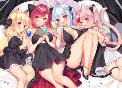 Rule 34 | 4girls, :d, animal ears, ass, backless dress, backless outfit, bare shoulders, black bow, black choker, black dress, black footwear, black panties, black ribbon, blonde hair, blue eyes, blush, boku no risou no isekai seikatsu, bow, breasts, brown eyes, cat ears, cat girl, cat tail, champagne flute, chise (ichiri), choker, cleavage, closed mouth, commentary request, cup, dress, drinking glass, feet out of frame, fox ears, fox girl, fox tail, hair between eyes, hair bow, hair ribbon, high heels, holding, holding cup, large breasts, lying, misia (ichiri), multiple girls, natielis, off-shoulder dress, off shoulder, on back, open mouth, panties, pillow, pink hair, pleated dress, puffy short sleeves, puffy sleeves, rabbit ears, rabimea (ichiri), red eyes, red hair, ribbon, sazaki ichiri, shoes, short sleeves, sleeveless, sleeveless dress, smile, tail, tiara, two side up, underwear