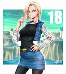 Rule 34 | 1girl, 2017, android 18, artist name, belt, blonde hair, blue eyes, blush, character name, cropped jacket, dated, dragon ball, dragonball z, earrings, hand on own hip, highres, jewelry, long sleeves, pantyhose, shirt, short hair, skirt, solo, striped clothes, striped shirt, unbalance