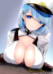 Rule 34 | 1girl, asymmetrical clothes, azur lane, blue eyes, blue hair, blush, breasts, chapayev (azur lane), cleavage, cleavage cutout, clothing cutout, fur-trimmed jacket, fur trim, gloves, hachimitsu hinako, hair ornament, hairclip, hat, high collar, jacket, large breasts, leaning on table, looking at viewer, military hat, mole, mole on breast, peaked cap, short hair, white headwear, white jacket