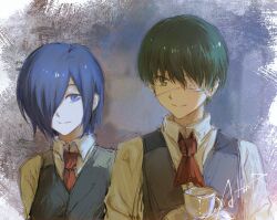 Rule 34 | 1boy, 1girl, ascot, astronut zzz, black vest, blue hair, brown eyes, closed mouth, cup, hair over one eye, highres, kaneki ken, kirishima touka, long sleeves, looking at another, necktie, purple eyes, red ascot, red necktie, short hair, signature, smile, tokyo ghoul, vest