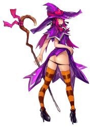 Rule 34 | 1girl, 3gs, ass, blush, butt crack, elsword, hallow witch (elsword), hat, highres, lips, long hair, multicolored clothes, multicolored legwear, panties, pink eyes, pink hair, solo, staff, striped clothes, striped thighhighs, thighhighs, underwear, white background, witch, witch hat