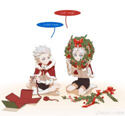 Rule 34 | 2boys, aged down, black shorts, brothers, christmas, christmas present, dante (devil may cry), devil may cry (series), english text, gift, highres, long hair, multiple boys, shirt, short shorts, shorts, siblings, vergil (devil may cry), weibo 7568375105, white shirt