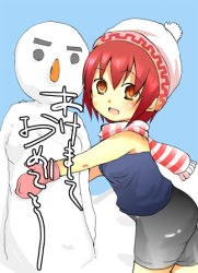 Rule 34 | 1girl, :d, ass, bare shoulders, beanie, carrot, food, from side, hat, looking at viewer, mathnote, open mouth, original, red eyes, red hair, scarf, shorts, smile, snow, snowman, solo, standing, vegetable