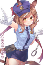 Rule 34 | 1girl, absurdres, animal ears, armpits, badge, belt, belt pouch, black footwear, blue necktie, blue shirt, blue skirt, blush, bobbles, breast pocket, breasts, brown eyes, brown hair, closed mouth, cowboy shot, cuffs, foreshortening, gloves, hair ornament, hairclip, handcuffs, hat, highres, horse ears, horse girl, horse tail, leg up, long hair, looking at viewer, matikane tannhauser (umamusume), miniskirt, multicolored hair, necktie, pencil skirt, pizza (pizzania company), pocket, pointing, police, police hat, police uniform, policewoman, pouch, reaching, reaching towards viewer, ribbon, shirt, shirt tucked in, short sleeves, side slit, simple background, skirt, smile, solo, streaked hair, swept bangs, tail, tareme, thighs, umamusume, uniform, white gloves