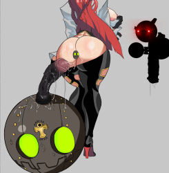 Rule 34 | 1girl, absurdres, ass, breasts, breasts out, byme, byme (bymetalala), bymetalala, dildo reveal, grey background, guilty gear, guilty gear strive, highres, jack-o&#039; valentine, large breasts, nipples, penis, red hair, simple background