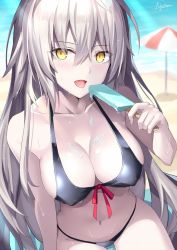 Rule 34 | 1girl, beach, bikini, black bikini, blurry, blurry background, blush, breasts, cleavage, collarbone, covered erect nipples, day, fate/grand order, fate (series), food, food on body, food on breasts, highres, jeanne d&#039;arc (fate), jeanne d&#039;arc alter (avenger) (fate), jeanne d&#039;arc alter (fate), long hair, looking at viewer, medium breasts, navel, open mouth, parasol, popsicle, rin yuu, signature, silver hair, solo, sweat, swimsuit, umbrella, yellow eyes