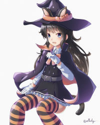 Rule 34 | 1girl, absurdres, animal ears, arthur ko, asashio (kancolle), asashio kai ni (kancolle), black cape, black hair, blue eyes, cape, cat ears, cat tail, dress, gloves, halloween costume, hat, highres, huge filesize, kantai collection, long hair, long sleeves, multicolored cape, multicolored clothes, official alternate costume, orange cape, pinafore dress, shirt, sitting, sleeveless, sleeveless dress, solo, striped clothes, striped thighhighs, tail, thighhighs, two-sided cape, two-sided fabric, white gloves, white shirt, witch, witch hat