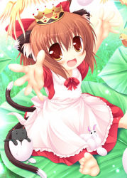 Rule 34 | 1girl, :d, alternate costume, alternate headwear, animal ear fluff, animal ears, apron, barefoot, bird, blush, bow, broken egg, brown hair, carry me, cat, cat ears, chen, commentary request, crown, day, dress, earrings, egg, foreshortening, from above, grass, hair between eyes, hair bow, jewelry, leaf, light particles, looking at viewer, looking up, open mouth, orange eyes, outdoors, outstretched arms, puffy short sleeves, puffy sleeves, rabbit, red dress, short hair, short sleeves, single earring, sitting, smile, solo, spread arms, spread legs, touhou, yokuran