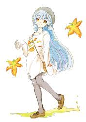 Rule 34 | alternate costume, autumn leaves, black pantyhose, blunt bangs, casual, from side, fudeyama (fudeco), full body, highres, kantai collection, long hair, murakumo (kancolle), pantyhose, shoes, sidelocks, smile, solo, thick eyebrows, white background, white hair, yellow eyes