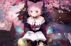Rule 34 | .l.l, 1girl, :&lt;, animal, animal ears, atelier (series), atelier sophie, bare shoulders, blush, book, brown eyes, collarbone, commentary request, cone hair bun, corneria (atelier), crescent, drawer, dress, flower, frog, hair bun, highres, long hair, looking at viewer, off-shoulder dress, off shoulder, open book, parted lips, pink flower, pink hair, purple dress, shallow water, short hair, sitting, solo, spring (season), tree, triangle mouth, water
