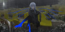 Rule 34 | 1girl, black gloves, black jacket, black necktie, black pants, black vest, blue eyes, blue wings, chihuri, closed mouth, collared shirt, commentary request, crossed legs, ende (chihuri), flower, gloves, grey hair, grey shirt, hair between eyes, hand up, highres, jacket, long hair, long sleeves, looking at viewer, necktie, on chair, open clothes, open jacket, original, pants, rain, shirt, sitting, smile, solo, vest, white flower, wings