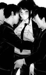 Rule 34 | 1girl, 3boys, after kiss, blush, grabbing another&#039;s breast, chainsaw man, faceless, faceless male, formal, grabbing, greyscale, highres, long hair, looking at viewer, monochrome, multiple boys, necktie, nose blush, pants, saliva, saliva trail, scar, scar on face, shirt, shpo, standing, suit, tendou michiko