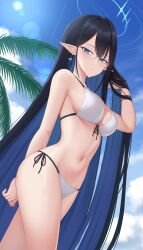 Rule 34 | 1girl, absurdres, alternate costume, bare arms, bare shoulders, bikini, black hair, blue archive, blue eyes, blue hair, breasts, cleavage, closed mouth, colored inner hair, cowboy shot, day, dutch angle, earrings, front-tie bikini top, front-tie top, glasses, halo, hand up, highres, jewelry, kurisu-kun, large breasts, lens flare, long hair, looking at viewer, multicolored hair, navel, outdoors, palm leaf, pointy ears, rimless eyewear, rin (blue archive), side-tie bikini bottom, solo, standing, stomach, string bikini, sunlight, swimsuit, thighs, very long hair, wet, white bikini