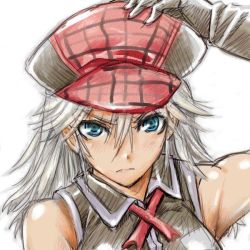 Rule 34 | 10s, 1girl, alisa ilinichina amiella, amania orz, arm up, armpits, blue eyes, blush, close-up, elbow gloves, fingerless gloves, gloves, god eater, god eater burst, hand on own head, hat, long hair, looking at viewer, namco, simple background, solo, upper body, white background