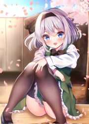 Rule 34 | 1girl, :d, ass, black bow, black bowtie, black forest cake, black hairband, black thighhighs, blue eyes, blush, bow, bowtie, cake, cherry blossoms, commentary, food, full body, green skirt, green vest, grey hair, hairband, highres, knees up, konpaku youmu, long sleeves, looking at viewer, open mouth, outdoors, shirotsuki shirone, shirt, short hair, sitting, skirt, smile, solo, thighhighs, touhou, vest, white shirt