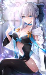 Rule 34 | 1girl, absurdres, black bow, black dress, black footwear, blue eyes, boots, bow, braid, breasts, center opening, choker, cleavage, collarbone, crossed legs, dress, fate/grand order, fate (series), french braid, grey hair, hair bow, hane yuki, highres, large breasts, long hair, long sleeves, looking at viewer, morgan le fay (fate), navel, pelvic curtain, ponytail, sidelocks, sitting, solo, thigh boots, thighs, two-tone dress, very long hair, white dress, wide sleeves